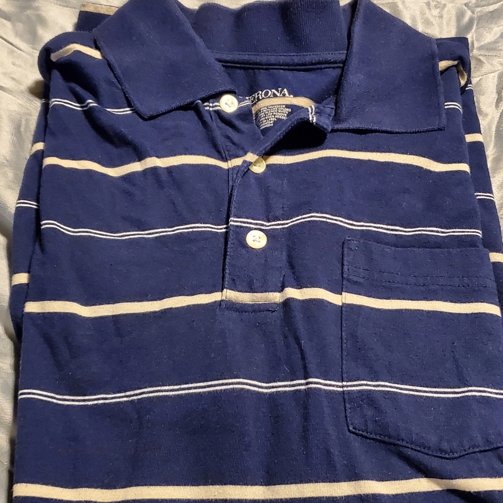 Men's large, blue/yellow striped, polo shirt